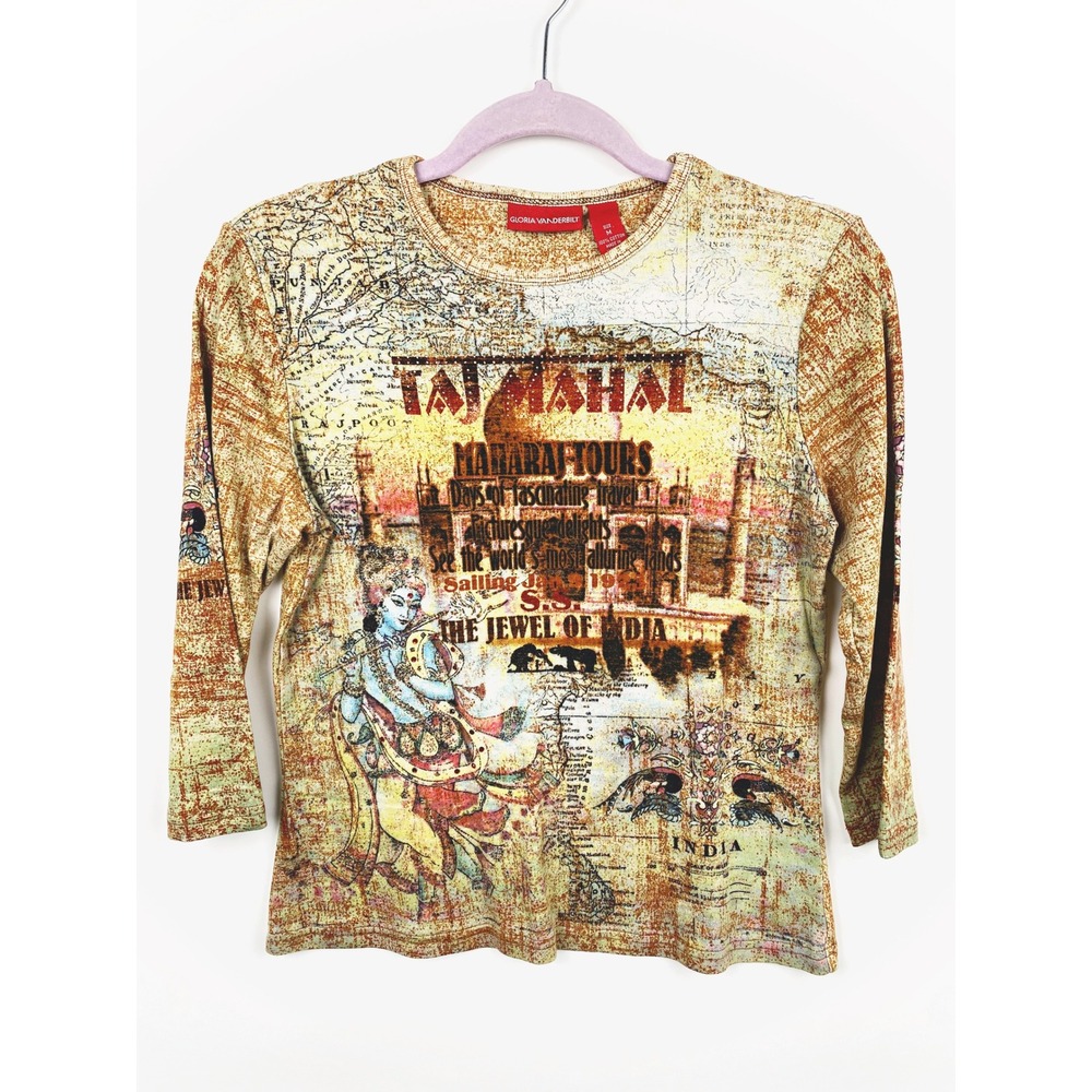 Gloria Vanderbilt Vintage Y2K Taj Mahal Krishna Graphic Top